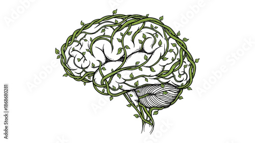 Brain with green vines and leaves growing around it symbolizing growth