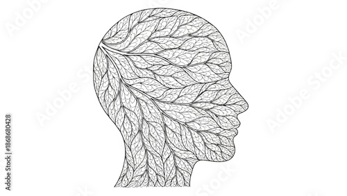 Intricate leaf patterned human head in profile, symbolizing nature and thought