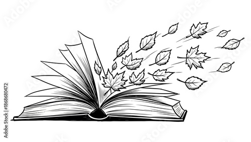 Open book with leaves flying out, symbolizing knowledge and freedom