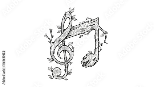 Intricate treble and bass clef music notes with leafy vines and branches