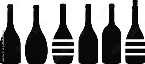 Silhouette of five wine bottles with varied labels