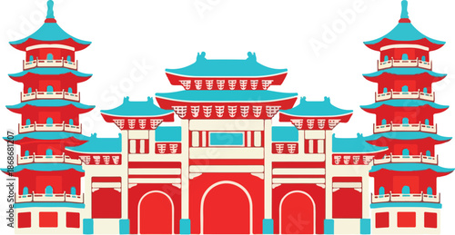 Chinese Temple Architecture with Pagoda Towers.