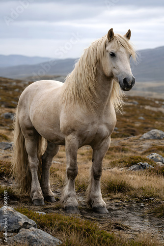 White Wild Horse Standing in Rugged Highland Landscape