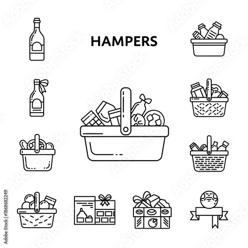Food Hampers and Gift Baskets Icons Set