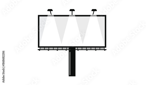 A stark illustration of a blank billboard featuring three spotlights illuminating the empty rectangular space suggesting potential advertising high quality professional