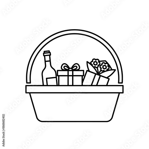 Gift Basket Icon Line Art: Wine Bottle, Flowers, and Present Box