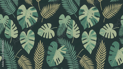 tropical leaves pattern with monstera and fern on green background