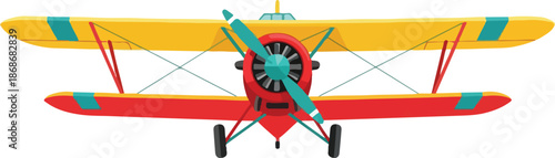 Vintage Red Biplane Aircraft Front View.