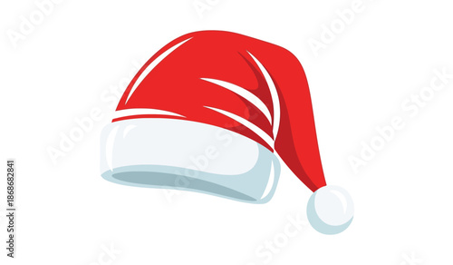A vibrant illustration of a classic santa claus hat featuring a bright red color and a fluffy white trim isolated on a white background