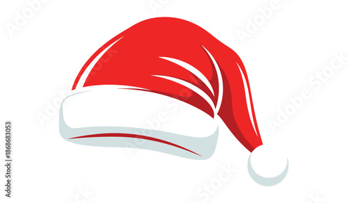 A vibrant and festive illustration of a classic santa claus hat featuring a bright red color and fluffy white trim isolated on a plain