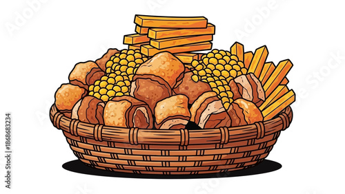 Delicious basket overflowing with crispy fried chicken, golden corn, and crunchy french fries