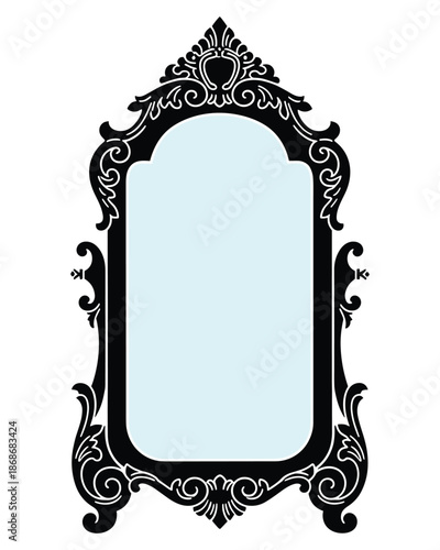 Elegant mirror frame vector illustration with ornate baroque silhouette style and decorative flourishes