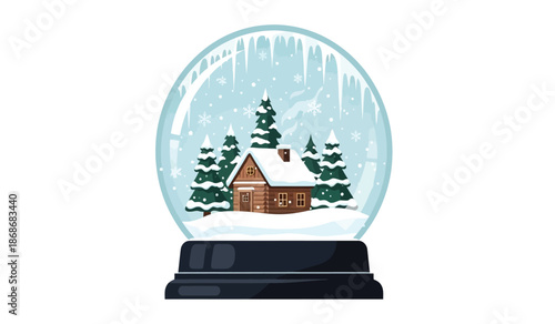 a charming illustration of a snow globe featuring a cozy cabin nestled amongst evergreen trees during a winter scene high quality