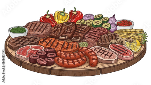 Delicious grilled meats and vegetables on wooden platter