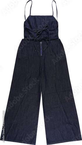 Dark blue denim jumpsuit with tie front and thin straps isolated on transparent background