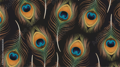 Vibrant peacock feathers pattern with colorful eyespots and intricate details