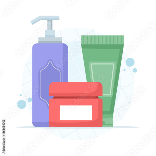 Vector illustration of assorted cosmetic bottles, tubes, and vials for beauty and skin care products, displayed as a clean, modern set highlighting packaging, branding, and personal care concepts.