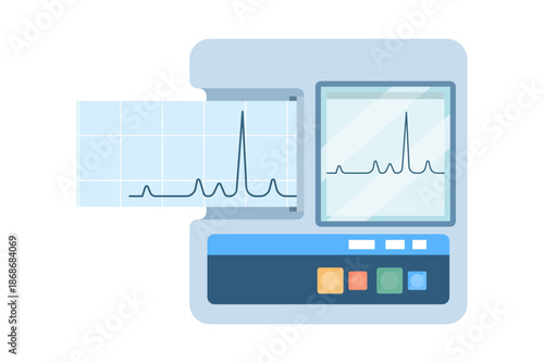 Electrocardiogram ECG machine displaying heart rhythm on screen. Medical equipment for hospital use, showing ECG graph for cardiovascular diagnosis and patient heart monitoring.
