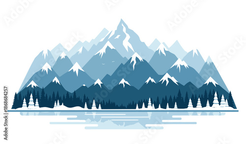 a serene illustration depicts a tranquil landscape featuring layered blue mountains reflected in a calm still lake with a dark forest