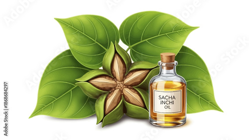 Sacha inchi oil bottle with green leaves and seeds