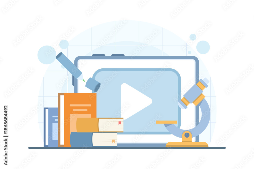 Obraz premium Online education concept illustration featuring tablet with microscope, books, pencil, and ruler. Digital learning, e-learning, and study tools design on isolated background.