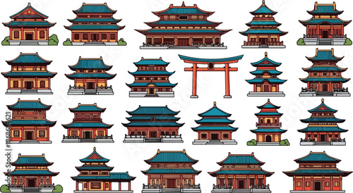 Collection of Traditional Asian Style Temple Buildings.