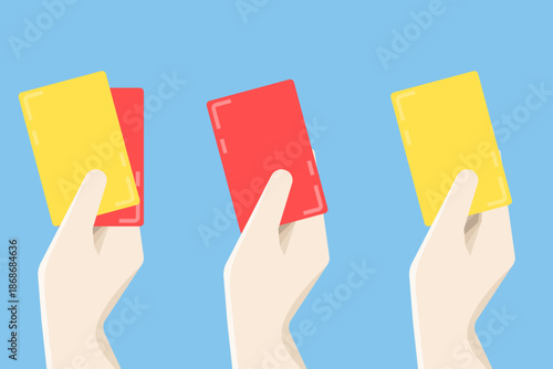 Football referee hands holding red and yellow cards. Soccer discipline and fair play concept illustration for match rules, fouls, penalties, and sports competition themes.