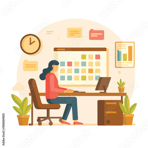 Woman Working at Desk with Calendar.