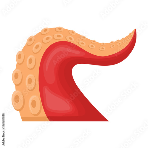 Vector illustration of octopus tentacle with visible suction cups and red skin texture. Marine life and sea creature concept for ocean, wildlife, and aquatic themed designs.
