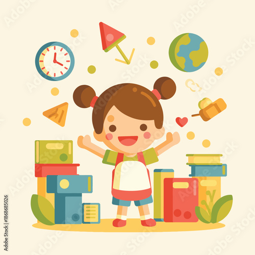 Young Girl Surrounded by Educational Objects.