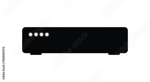 A minimalist black electronic device with visible indicator lights presented as a silhouette