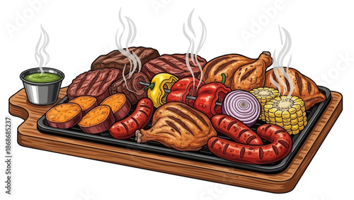 Delicious grilled meats and vegetables on a wooden board