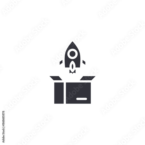Product launch icon featuring rocket and box symbolizing startup growth, innovation release, creative delivery, and development success.