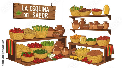 Vibrant Latin American market stall with fresh produce and pottery