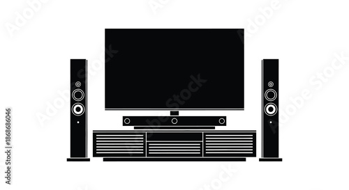 A modern home entertainment center featuring a flat screen tv and speaker system silhouette