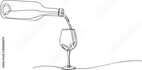 Elegant Wine Pouring from Bottle into Clear Glass Isolated on White Minimalist Line Drawing