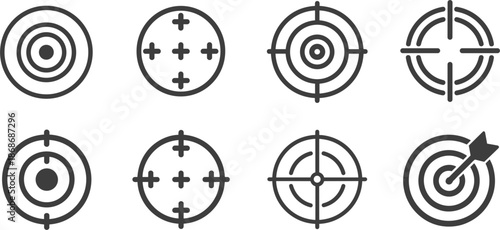 Set of black target and crosshair icons with various bullseye designs and arrow hitting center for accuracy and achievement concept