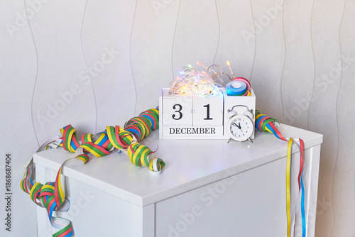 December 31st. New Years Eve countdown with calendar and clock