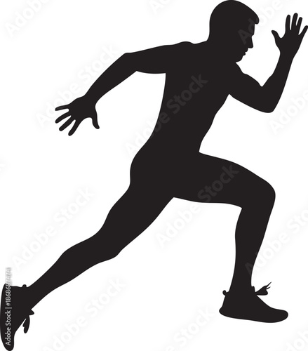 Black silhouette of a person in a dynamic running pose with one arm extended forward and one leg lifted