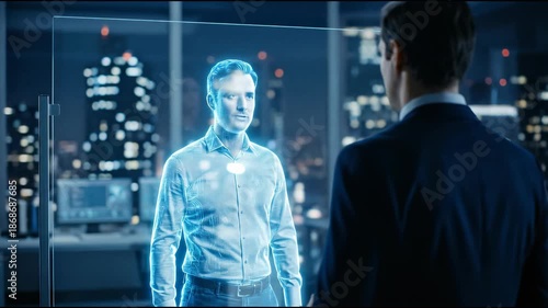 businessman interacting with holographic colleague in modern office at night