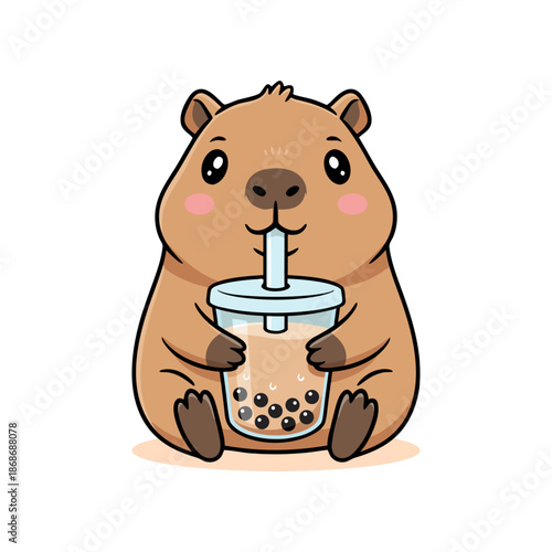 Cute Capybara Character Happily Sipping Sweet Bubble Tea with Tapioca Pearls