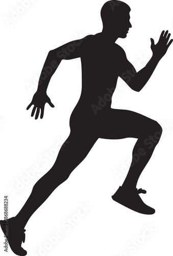 Black silhouette of a person running with arms extended and bent knees white