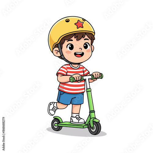 Cute Smiling Boy Safely Riding Kick Scooter Wearing Protective Helmet Active Lifestyle