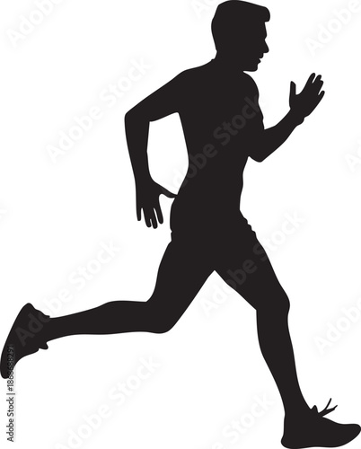 Black silhouette of a person running with one arm extended forward and one leg lifted athletic 1