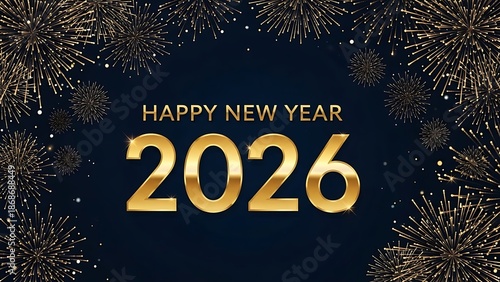 Happy New Year 2026 gold text with fireworks on dark blue background