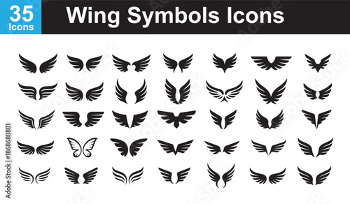 Collection of various wing symbols and icons on white background.