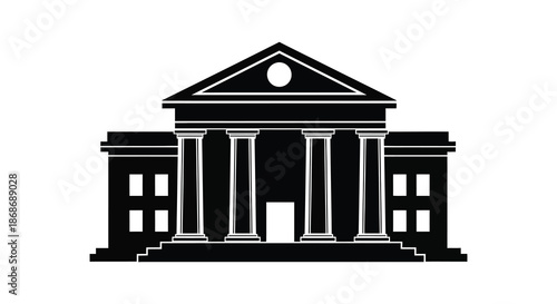 A classical building facade with columns and a triangular pediment a striking black silhouette