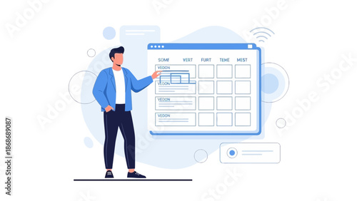 Man planning schedule on digital calendar interface, business concept
