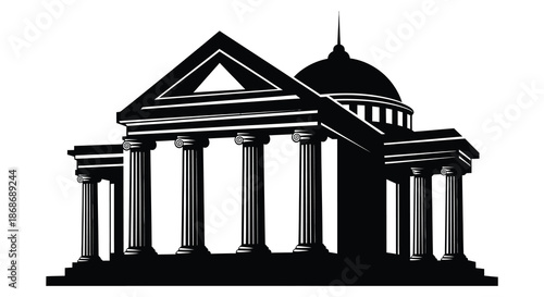 an elegant black and white illustration of a classical building with columns and a dome silhouette
