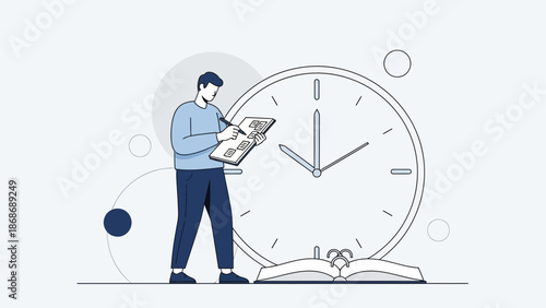 Man planning with notebook near large clock, symbolizing time management and productivity